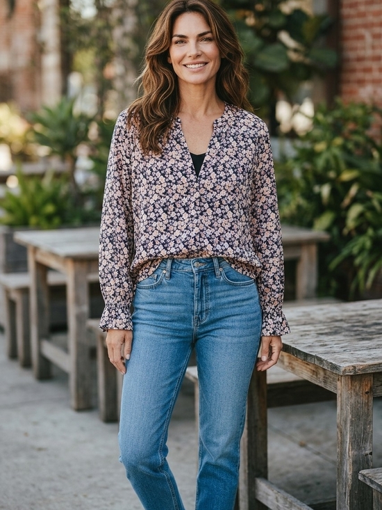 Tops - Floral V-Neck Long-Sleeve Blouse - Pink/Black